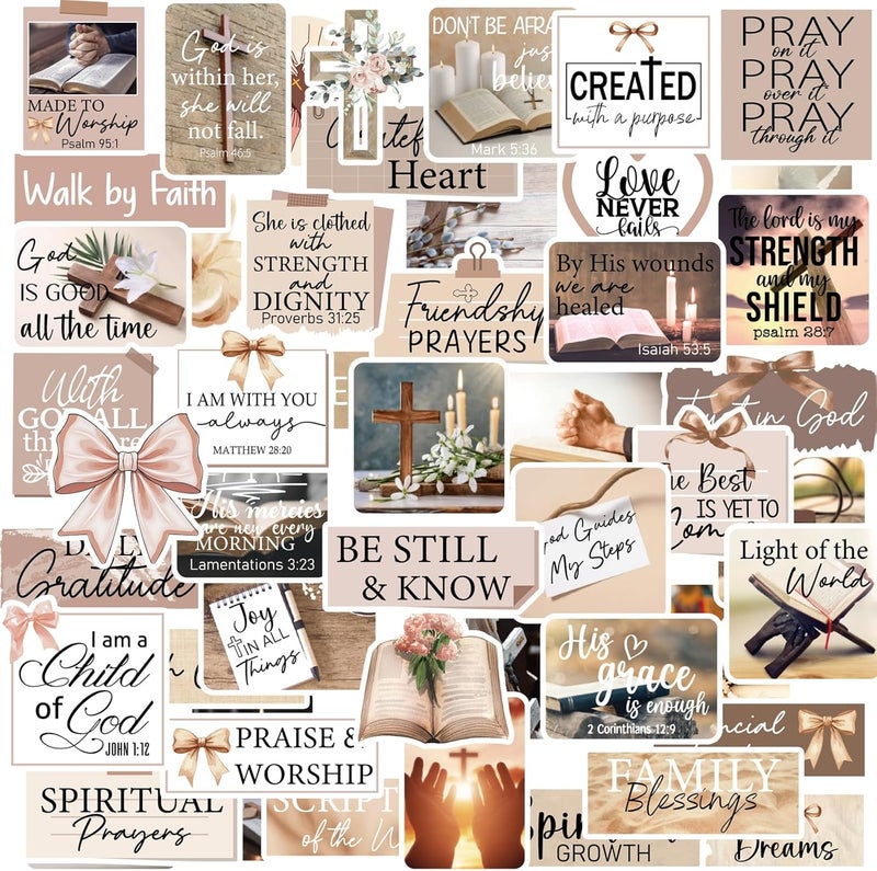 Eclazul Prayer Board Supplies Stickers - 50 Pcs Brown Bow Christian Jesus Bible Verse Decals for Adults Women Motivational Religious Book Scrapbook Mental Health Gift for Kindle Journal Water Bottles - Image 1